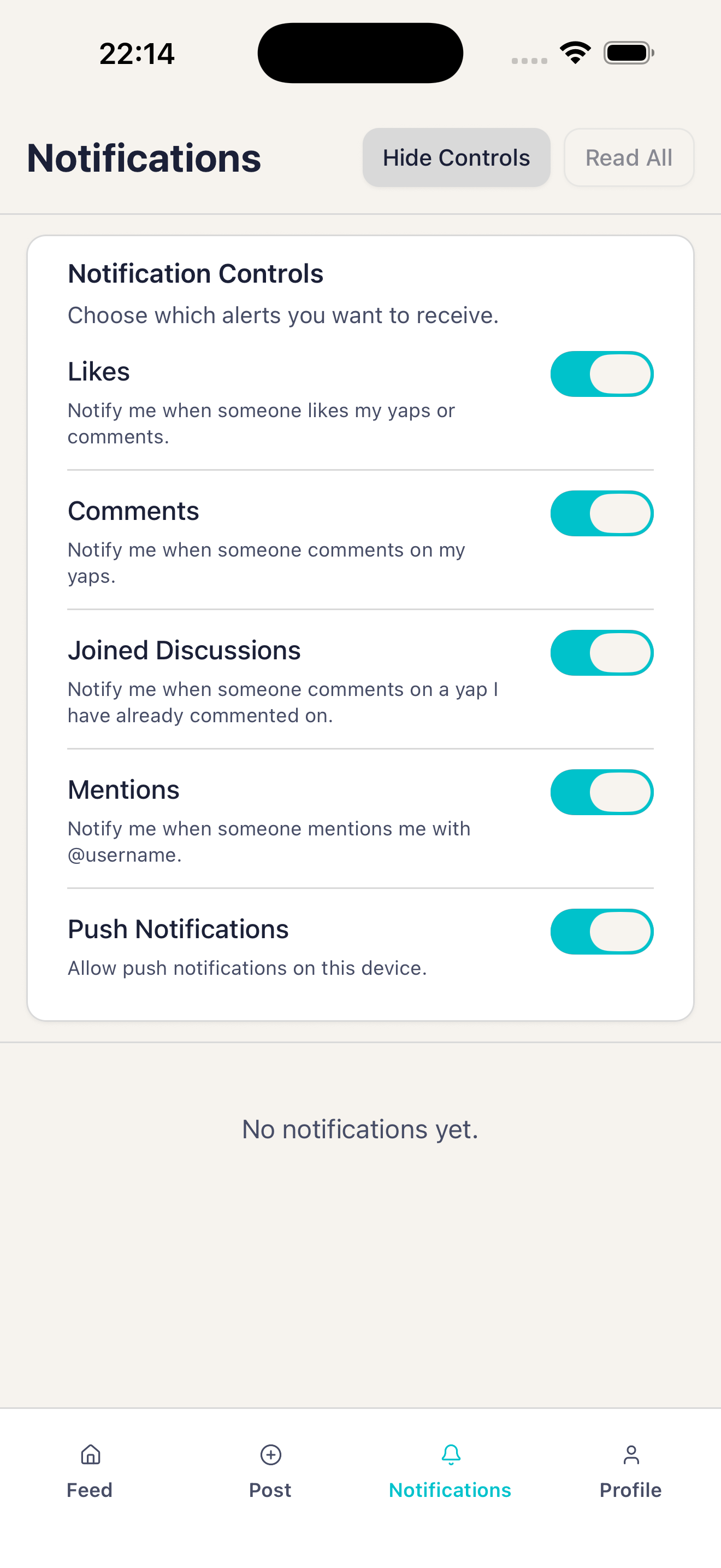 Yapper notifications and notification controls screen